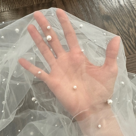 High-Quality Cathedral Length Wedding Veil Scattered Pearls - Picture 5 of 7